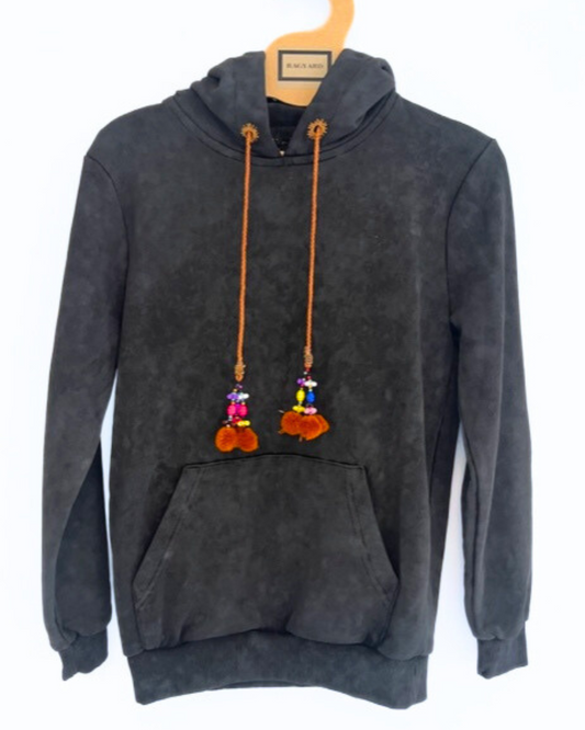 Acid washed Black Hoodie with Hand Stitched eyelet and Pom Pom detail