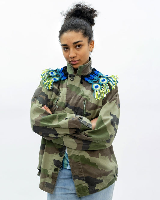 Military Jacket With Peacock Macrame Collar