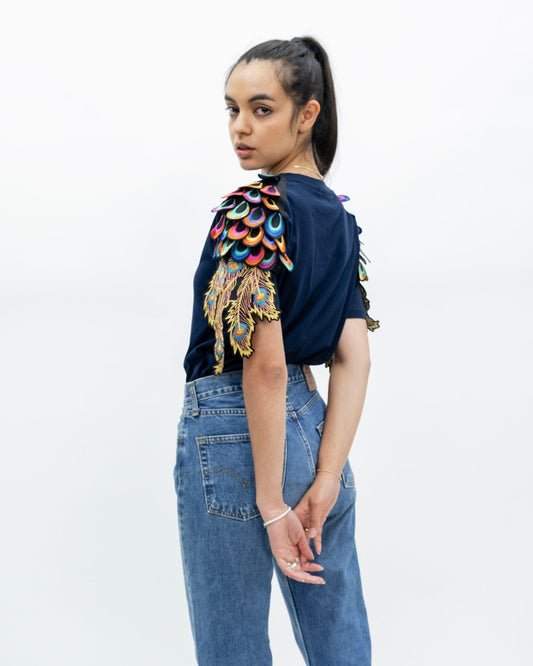 Evergreen - French Navy Psychedelic Peacock Patch T-Shirt