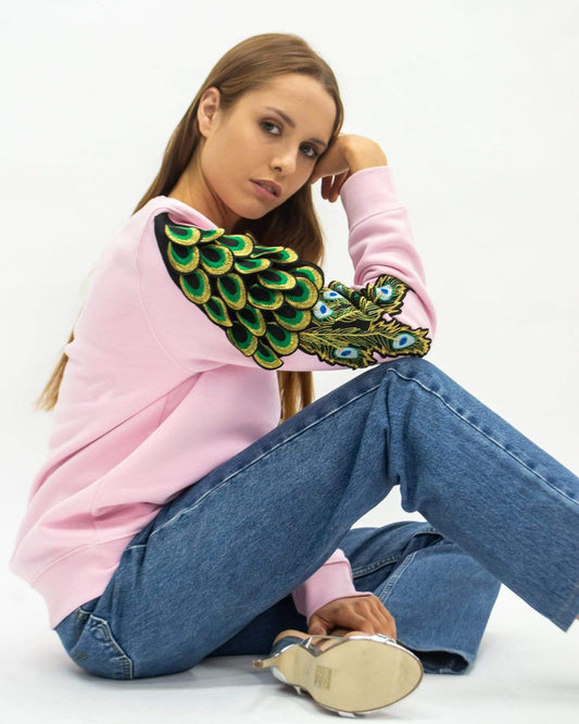 Evergreen - Cotton Pink Peacock Patch Sweatshirt