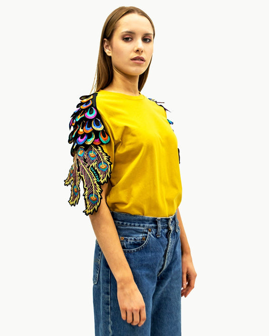 Evergreen - Ochre Psychedelic Peacock Patch T-Shirt